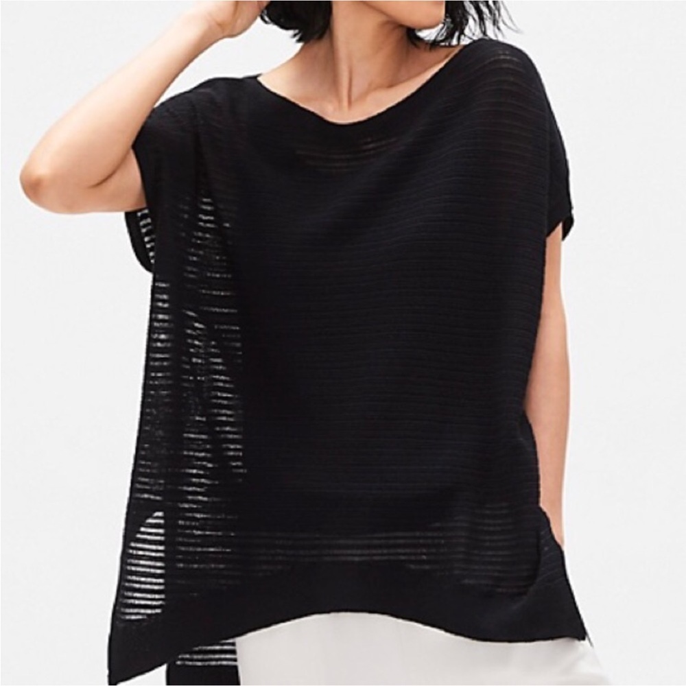 Eileen Fisher Black Rib Stretch Bateu Neck Top Size L/XL